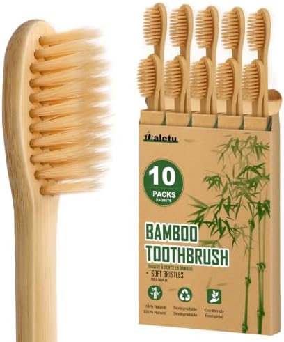 Daletu Bamboo Toothbrushes Soft Bristles 10 Pack, Biodegradable BPA Free Soft Bristles Toothbrushes for Adult, Eco-Friendly, Natural Wooden Organic Toothbrush by Daletu