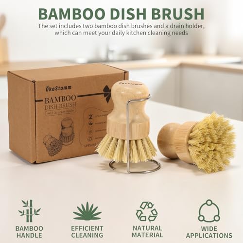 2 Pack Bamboo Dish Brush with Drain Holder - Natural Scrub Brush for Dish with Sisal Bristle, Wooden Dish Scrubber for Kitchen Cleaning Dishes, Pots, Pans and Vegetables - Image 3