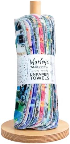 Marley's Monsters UNpaper® Towels + Holder - 24 Reusable 12x10in Cotton Flannel Cloths with 6in Wood Base & Dowel - Machine Washable, Sustainable for Kitchen Cleaning, Spills & Chores by MarleysMonsters