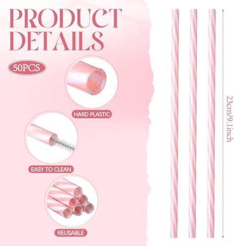 Honeydak 50 Pcs Reusable Plastic Straws Bulk,Pink and White Striped - Image 2