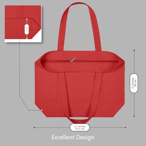 TOPDesign 3-Pack Canvas Tote Bags with an External Pocket, Reusable Grocery Shopping Bags, Top Zipper Closure, Daily Essentials (Red) - Image 5