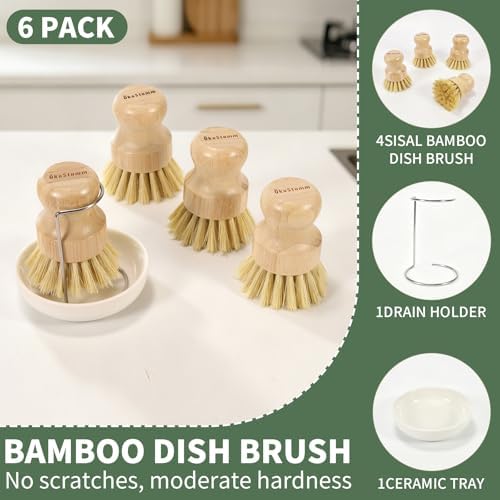 6 PCS Bamboo Dish Brush Set - Natural Scrub Brush for Dish with Tray and Drain Holder, Wooden Dish Scrubber for Kitchen Cleaning Dishes, Pots, Pans and Vegetables (6) - Image 4
