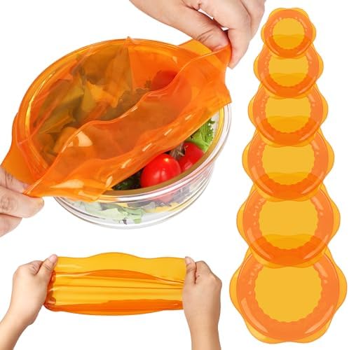 Silicone Stretch Lids for Food Storage in Fridge, Reusable Elastic Bowl Covers for Cup, Cans, Jars, Round & Rectangle Container, Food Grade Silicone Microwave Food Cover, Orange, 6PCS by ROTTOGOON