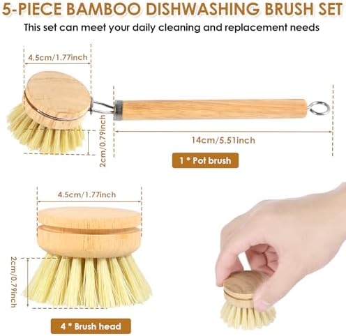 Dish Brush Set Soft Sisal Dish Scrub Brush with Handle Kitchen Scrub Brush Natural Kitchen Cleaning Brush Set Wood Dish Scrubber Brush Practical Dish Scrubber Wooden Cleaning Scrubber for Cle - Image 5