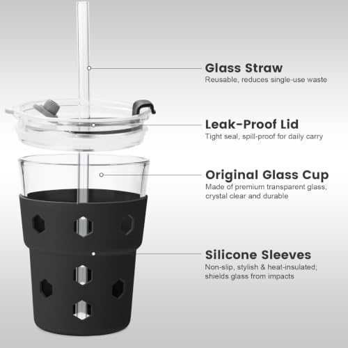 Mrsdry 12oz Iced Coffee Cup with Lids and Straws, BPA Free Reusable Glass Coffee Cups with Silicone Sleeves for Coffee, Iced tea, Thick Wall Glass Cup - Image 4