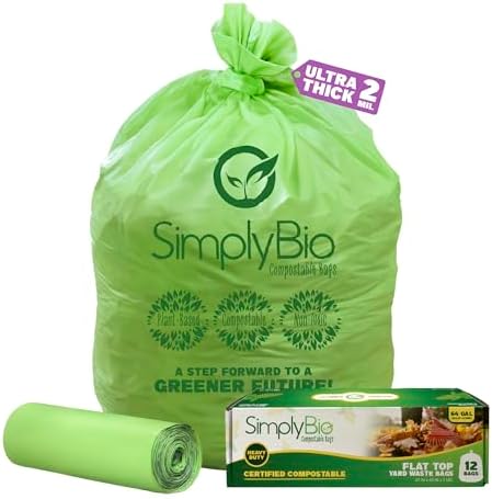 Simply Bio 60-65 Gallon Compostable Trash Bags Liners Flat-Top, Heavy Duty Extra Thick 2 Mil, 242.27 Liter, 12 Bags, Lawn, Yard, and Restaurant Use, ASTM D6400, US BPI, OK Compost Home Certified by SimplyBio