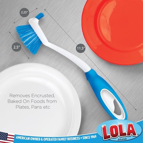 Dish Brush Kitchen Scrubber, 6 Pack, by LOLA, Has Stiff Bristles & Food Scraper, Comfort No-Slip Grip Handle, Safe for Non-Stick & Coated Cookware - Image 3
