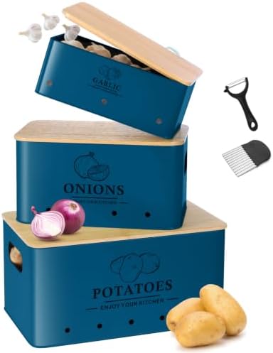 Kitchen Vegetable Storage Set of 3, Metal Onion Garlic Potato Storage Set, Kitchen Canisters Vegetable Keeper Containers with Aerating Holes and Bamboo Lid,Dark Blue by Dekosilave