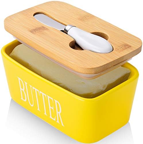 Ceramic Butter Dish with Lid and Knife Silicone Seal for Countertop Yellow by AISBUGUR