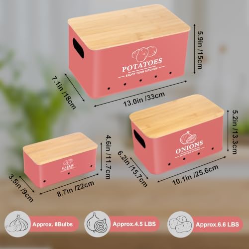 Kitchen Vegetable Storage Set of 3, Metal Onion Garlic Potato Storage Set, Kitchen Canisters Vegetable Keeper Containers with Aerating Holes and Bamboo Lid,Coral Red - Image 4