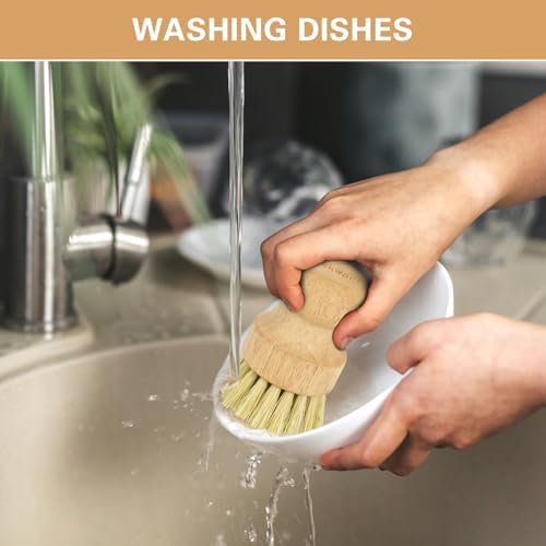 Wooden Dish Brushes, Dish Scrubber Brushs for Cleaning Dishes, Kitchen Wooden Cleaning Dsihes Set with Draining Rack, Natural Sisal Bristles, 3 Set - Image 6