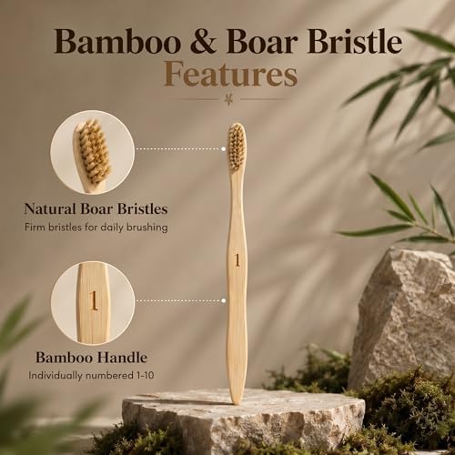 Boar Bristle Bamboo Toothbrush 10 Pack Plastic Free Numbered - Image 2