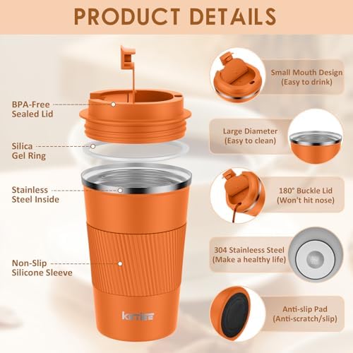 KETIEE 12oz Insulated Travel Mug, Vacuum Stainless Steel Double Walled Reusable Coffee Cup with Leakproof Lid, Travel Tumbler Coffee Mug to Go for Hot and Iced Tea Water (Orange) - Image 3