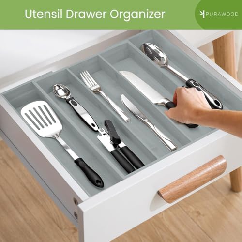 Purawood Kitchen Drawer Organizer - Expandable Utensil Drawer Organizer for Kitchen, Cutlery Tray & Silverware Organizer, 3-5 Slots - Bamboo Organizer for Utensils & Flatware (Grey) - Image 4