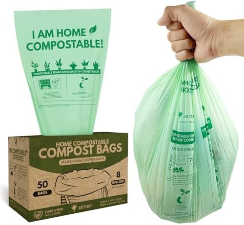 AIRNEX Compostable Kitchen Trash Bags 8 Gal - Cornstrarch Leakproof & Tear Resistant 50 Compost Bags - OK Compost Home & Seedling Certified 0.22 mm Kitchen Garbage Bags by Airnex