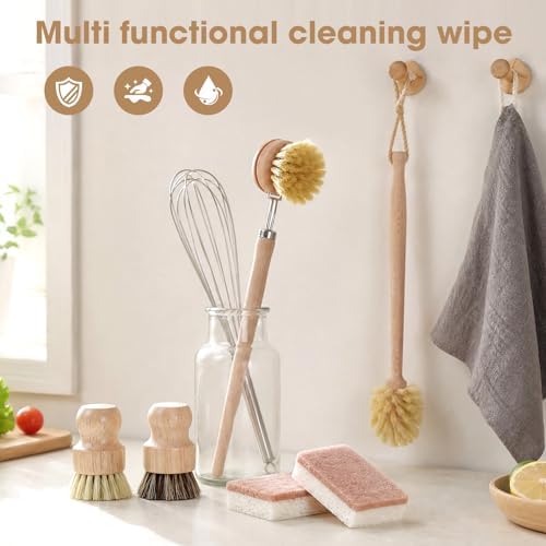6 Pack Bamboo Dish Brush & Sponge Set, Wooden Handle Kitchen Scrub Brushes with Natural Sisal & Palm Fiber Heads, Multi-Purpose Dishwashing Cleaner for Dishes, Pots, Bottles, Vegetables - Image 3