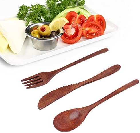 Wooden Cutlery Set, 3 PCS Wooden Spoon Fork Knife for Eating, Wooden Utensil Reusable Dinner Set with Case, Kitchen Flatware Set Travel Cutlery - Image 3