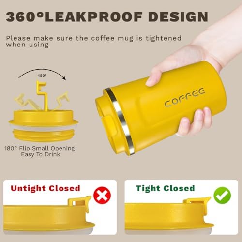 SPLMIFA Travel coffee mugs leak-proof, reusable coffee cup with lid, stainless steel vacuum insulated coffee tumblers, thermal insulation cups for men & women keep drinks hot & cold (2nd-Yellow, 17OZ) - Image 5