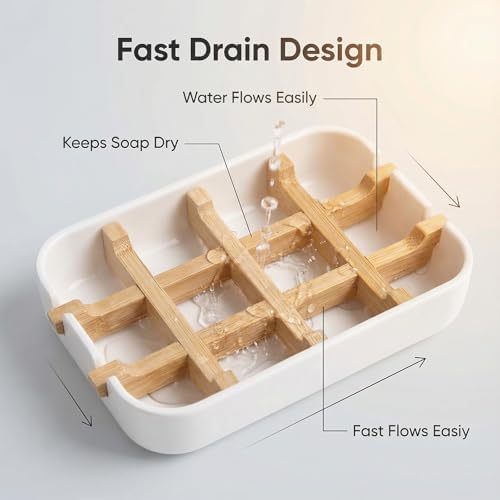 Bamboo Wooden Soap Dishes for Shower, White - Image 4