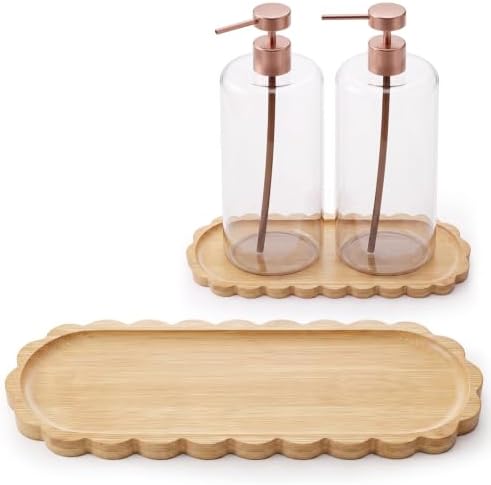 Scalloped Bamboo Soap Dispenser Tray Bathroom Rustic Decor Bamboo Countertop Tray Scalloped Soap Dish Jewelry Holder Vanity Bathtub Organizer for Bathroom Kitchen Home Decor (9'',Oval) by Ferrochef