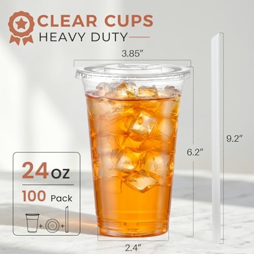 VITEVER [100 Sets - 24oz] Plastic Cups with Lids and Straws, Disposable Cups for Iced Coffee, Smoothie, Milkshake, Cold Drinks - Clear - Image 2