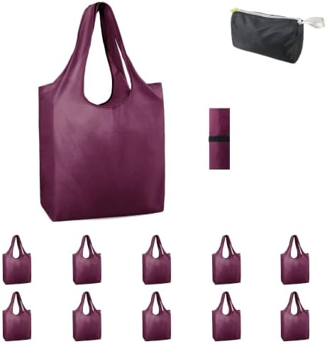 BeeGreen Burgundy Reusable Grocery Bags with Zipper Storage Pouch 10 Packs Wine Red Reusable Shopping Bags Bulk Foldable-Machine Washable by BeeGreen