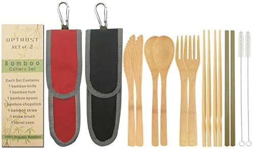 UPTRUST 2 Set Bamboo Cutlery Set Bamboo Travel Utensil Reusable Organic Bamboo Utensil Fork Knife Spoon Chopsticks Straw Cleaning Brush for Travel Picnic School Office（Black & Red） by UPTRUST