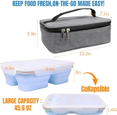 Big Collapsible Silicone Bento Lunch Box With Insulated Lunch Bag, 45.6oz Food Containers with 3 Compartment, Bento Bag, Designed for Fresh Lunch On the Go - Image 4