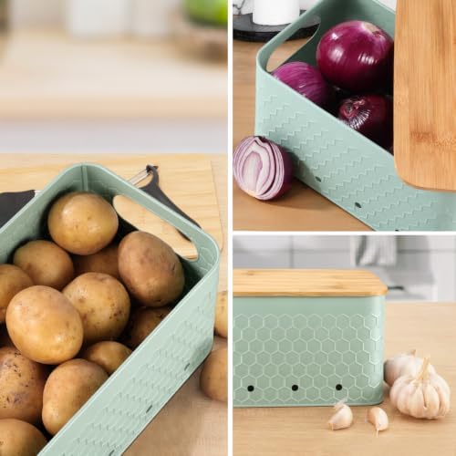 Kitchen Vegetable Storage Set of 3, Metal Onion Garlic Potato Storage Set, Kitchen Canisters Vegetable Keeper Containers with Aerating Holes and Bamboo Lid,Embossed Saga Green - Image 6