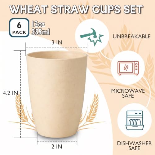 Wrova Wheat Straw Cups 6 PCS Good Alternative to Plastic Reusable Cups 12 oz Unbreakable Drinking Cup Reusable Dishwasher Safe Water Plastic Glasses Beige - Image 2