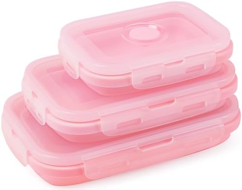 3 Pack Collapsible Silicone Food Storage Containers with Lids, Pink by PLMMOUT