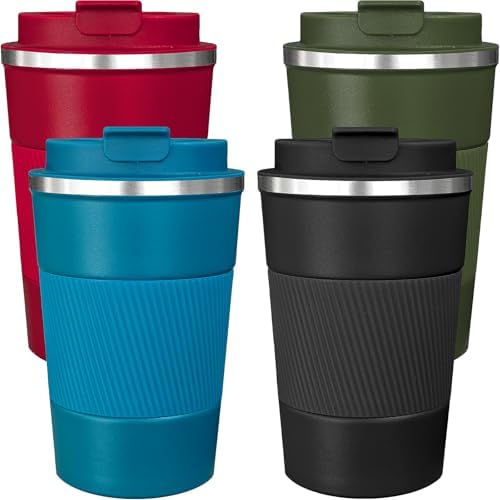 4 Pack Insulated Coffee Mug with Lid 12oz Travel Coffee Tumbler Stainless Steel Reusable Coffee Cups Thermal Coffee Mug for Hot and Iced Cold Drinks, Multicolor by Unknown