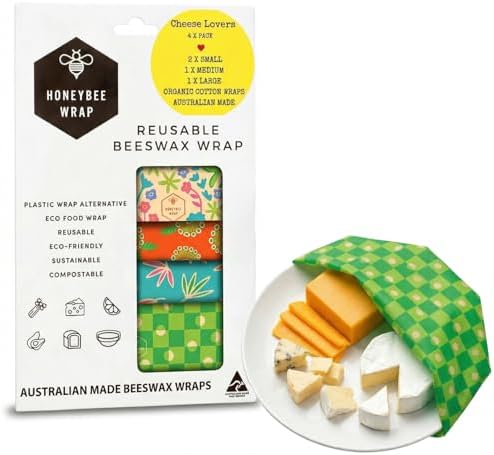 Honeybee Beeswax Wraps - Cheese Lovers Assorted Pack - Certified Organic Cotton Reusable Beeswax Wraps for Food - Plastic Wrap & Sandwich Bags Alternative - 4 Pack - Small, Medium & Large by HONEYBEEWRAP