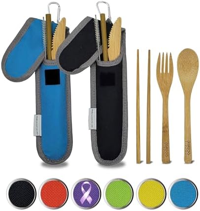 Travel Utensils with Case Set Fork, Knife, Spoon, Chopsticks, Straw, Straw-cleaning brush, Travel Pouch and Carabiner, Excellent For Everyday Use! ((2 Sets) Midnight Black/Sky Blue) by Bamboo+Essentials%C2%AE