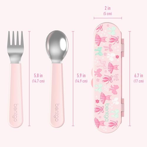 Bentgo Kids Stainless Steel Utensil Set - Reusable Fork, Spoon & Storage Case, PFAS- & BPA-Free, Easy-Grip Handles, Lightweight, Dishwasher Safe, School Lunch, Travel & Outdoors (NEW Ballet and Bows) - Image 5