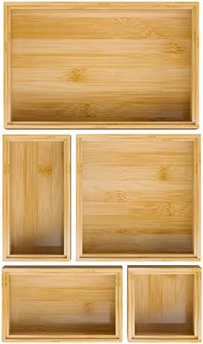 Bamboo Bathroom Drawer Organizer Dividers, Wooden Kitchen Utensil Holder Set of 5, Stackable Junk Drawer Organizer Tray, Multi-Use Storage Bins Boxs for Home, Office, Clothing, Makeup, Jewelry by Bambloom