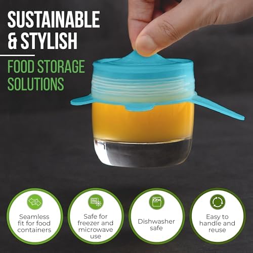 Reusable Silicone Stretch Lids for Food Storage in Fridge - Elastic Heat-Resistant Bowl Covers, Cups, Cans, Jars - Universal Food Grade Lid for Containers - 7 Pack - Blue Mist Stretchy Lid Set - Image 4