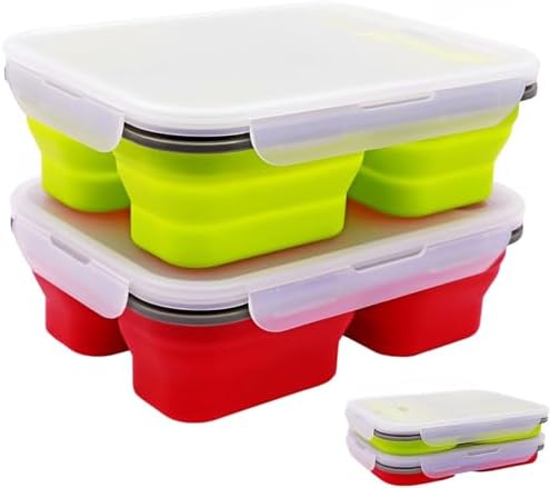 2 Pack Big Size Collapsible Silicone Bento Lunch Boxes With Lids Spoons Forks,3 Compartments, Divided Lunch Food Storage Containers, Safe in Microwave, Dishwasher and Freezer, 45.6oz, BPA Free by FUSMYE