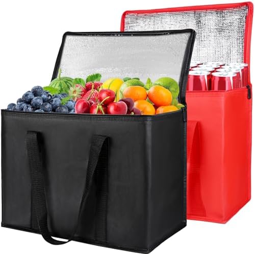 X-Large Insulated Reusable Grocery Shopping Bags, Black+Red, 2 Pack by CIVJET