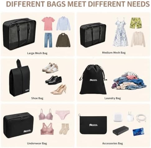 6 Set Packing Cubes, Luggage Packing Organizers for Travel Accessories, Carry on Suitcase Organizer Bags, Travel Essentials Luggage Accessories for Cruise Ship (Black) - Image 3