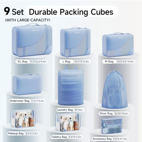 OlarHike Packing Cubes for Travel,Gifts for Women Mom,Anti-Tearing Suitcase Organizer for Luggage with Shoe & Hanging Toiletry Bag,Vacation Essentials & Accessories for Cruise Ship,9 Set,Light Blue - Image 2