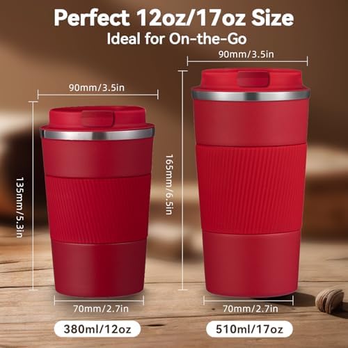 17OZ Travel Coffee Mug Insulated Coffee Cup with Spill Leak Proof Lid, Portable Stainless Steel Tumbler Reusable Hot and Cold Water Mug for Car, Daily, Camping- Red - Image 2