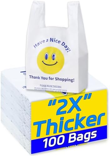 YovhVon 0.8Mil(20 Microns), 100 Count, Plastic Bags with Handles, T-Shirt bag, Thank You bags, Shopping Bag, Grocery Bag, |for Store, Carry, Pack|, White, 1/6 Barrel, Large 11"x6"x21", Heavy Duty by YOVHVONPLASTICBAGS