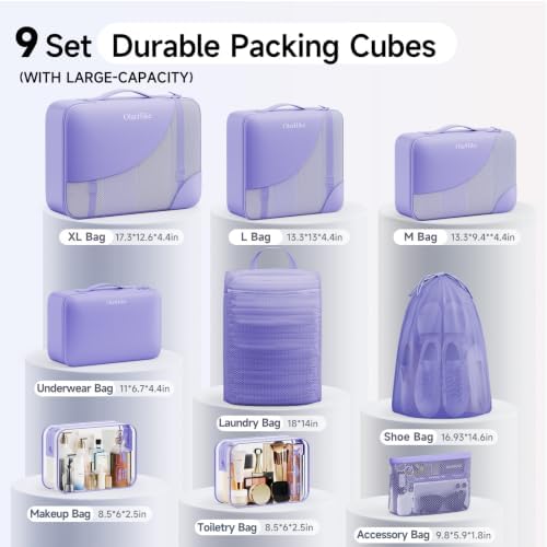 OlarHike Packing Cubes for Travel,Gifts for Women Mom,Anti-Tearing Suitcase Organizer for Luggage with Shoe & Hanging Toiletry Bag,Vacation Essentials & Accessories for Cruise Ship,9 Set,Purple - Image 2