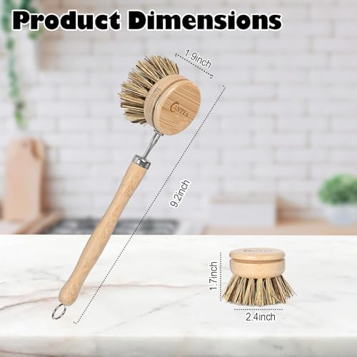Bamboo Dish Scrubber with Handle - Hard Bristle Natural Bristle Brush Sustainable & Biodegradable Kitchen Scrub Brush for Dishes Pans and Pots - Image 2