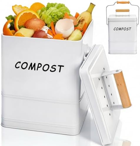 Tlence 1.7 Gallon Kitchen Compost Bin, Countertop Food Waste Pail with Handles, Odorless Composting Bucket with Carbon Filters, Indoor Small Food Scrap Composter for Trash Waste, White by Tlence