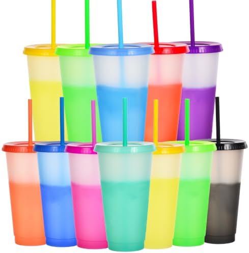 Color Changing Cups, 12 Pack 24oz Plastic Tumblers, Reusable Iced Coffee & Smoothie Cups with Lids and Straws for Parties and Travel (transparent, 12 Pack) by Alohastarttg