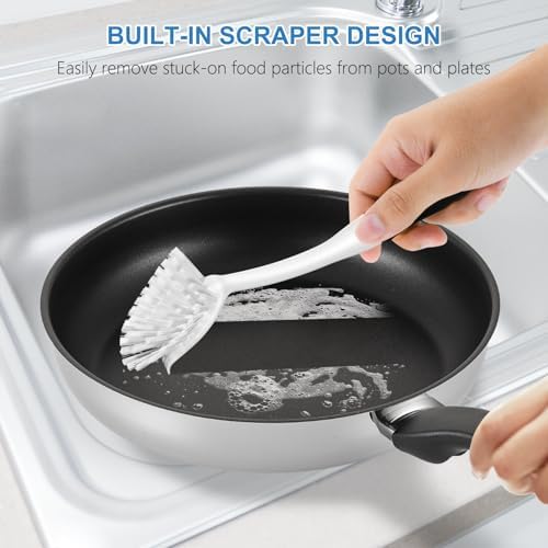 SetSail Dish Brush with Handle, 2 Pack Stiff Bristles Dish Scrubber with Built-in Scraper Dish Scrub Brushes for Cleaning Dishes, Pots and Pans, Kitchen Sink, White - Image 5