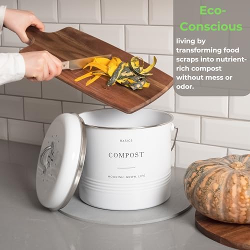 D'Lifeful Kitchen Compost Bin – 1.3 Gallon Countertop Farmhouse Compost Container with Lid – Odorless Indoor Food Scrap Pail with 6 Charcoal Filters – Eco-Conscious and Easy to Clean (White) - Image 3