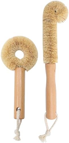 2PCS Coconut Brush Fiber Bottle Wooden Cleaning Brush, Scrub Head for Deep Pan Cleaning Washing, Sturdy Eco-Friendly with Natural Wood Handle Holder, Bristle Scrubber Set for Kitchen Dishes Vegetable by Marsrut